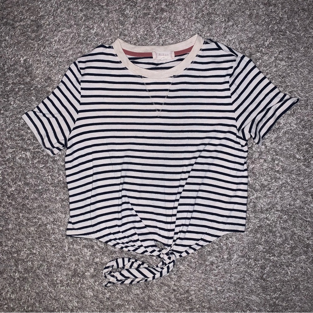 Madewell White and Blue Crop Tie Front Short Sleeve T-shirt